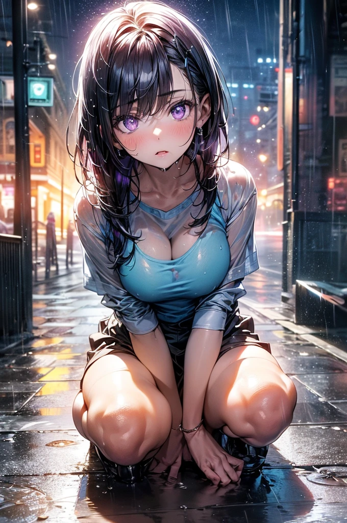 (amazing detail, amazing eyes masterpiece, best quality:2.0, depth of field hdr 8k 4k wallpaper cinematic angle, cinematic lighting:1.5), 1girl, out at night in the pouring rain wearing nothing but her pyjama top, the pyjama top is coloured teal, teal colour clothing, teal top, extremely detailed purple eyes, a depressed expression, short purple hair, 17-year-old, young woman, outside, B-cup breasts, lots of raindrops, heavy rain, sat on the ground, huddled alone, soaking wet hair, sitting on the pavement ground, sitting on the ground, sat on the floor, alluring purple and gold eyes, ((purple eyes)), Detailed Iris, cotton or woollen fabric, goosebumps, bare skin, very short pyjama top, see-through clothing, vaguely translucent clothing, tits pressing through, vagina barely hidden, sat on her bum, knees up,