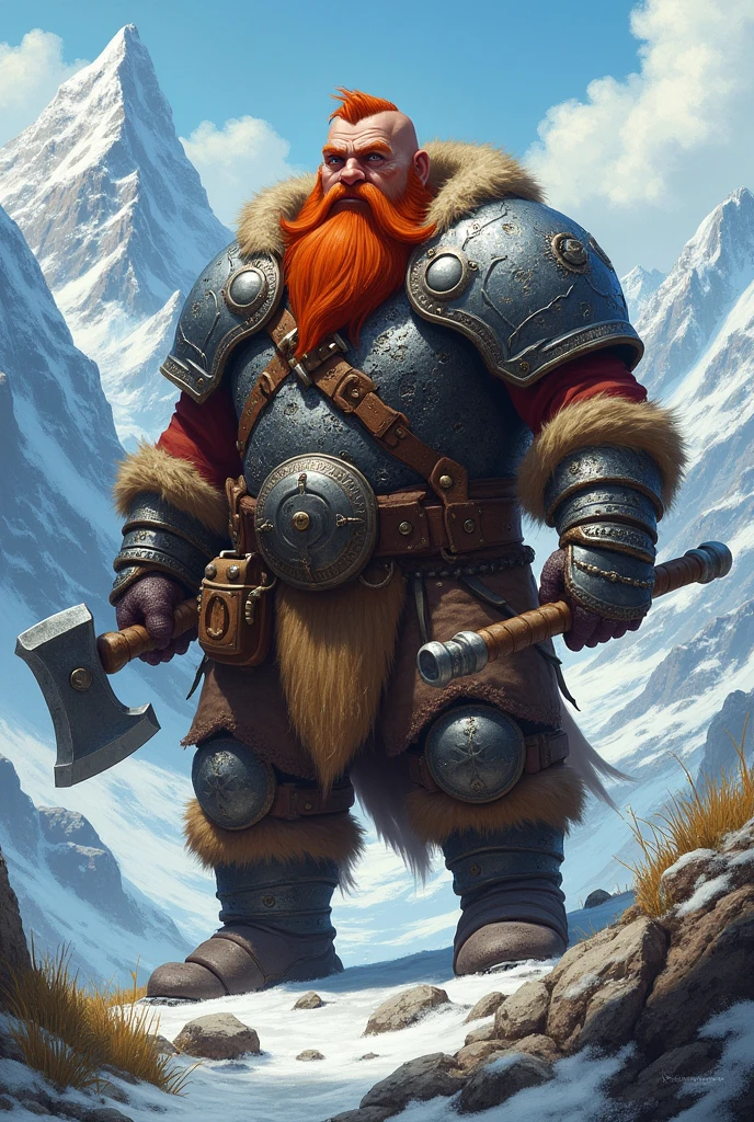 male dwarf, guerrero, hermit, of the mountains, with axe and hammer, explorer, large red beard, silver chainmail