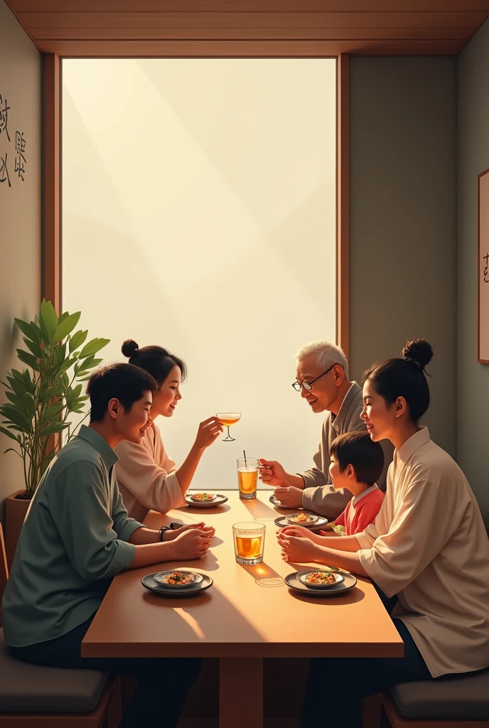 Create an image of a minimalist, elegant black Japanese restaurant with an alcoholic drink at the center of the table. Now, a table with a family enjoying the drink.