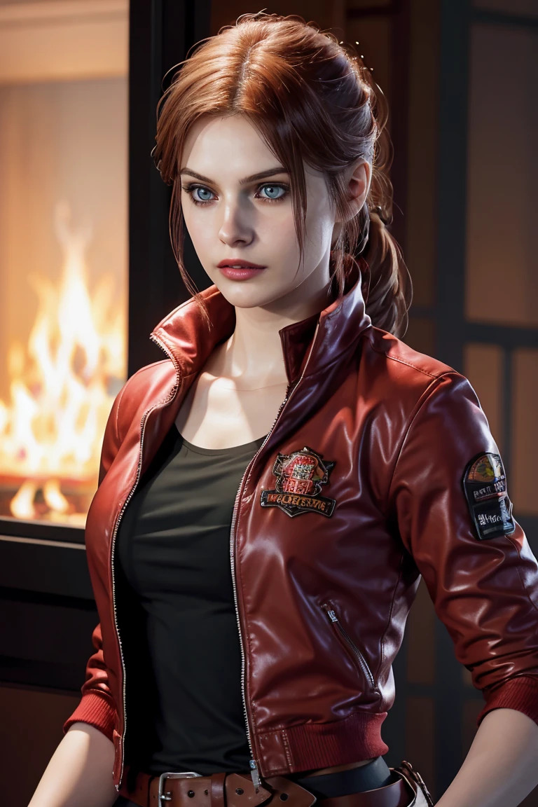 A stunning full color intricate portrait in Ultra-HD, Claire Redfield from Resident evil, a 30 year old beautiful girl, detailed face, long brown hair, amazing eyes, makeup, extremely sexy , a red jacket,belt, holster, epic resident evil character composition . . alessio albi, nina masic, sharp focus, natural lighting, subsurface dispersion, f2, 35mm