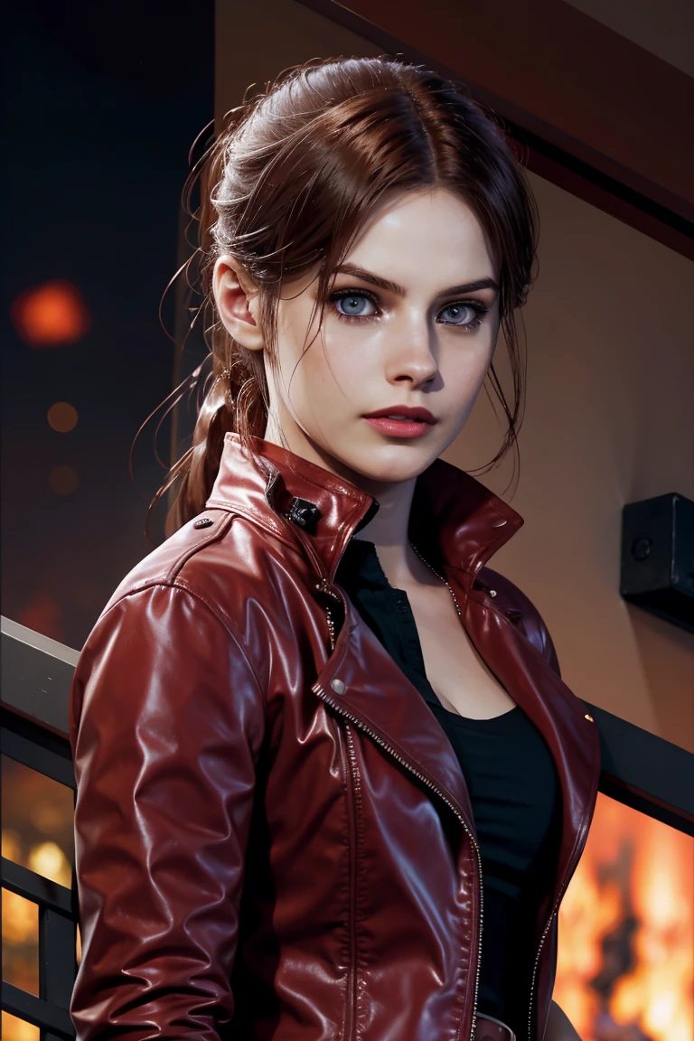 A stunning full color intricate portrait in Ultra-HD, Claire Redfield from Resident evil, a 30 year old beautiful girl, detailed face, long brown hair, amazing eyes, makeup, extremely sexy , a red jacket,belt, holster, epic resident evil character composition . . alessio albi, nina masic, sharp focus, natural lighting, subsurface dispersion, f2, 35mm