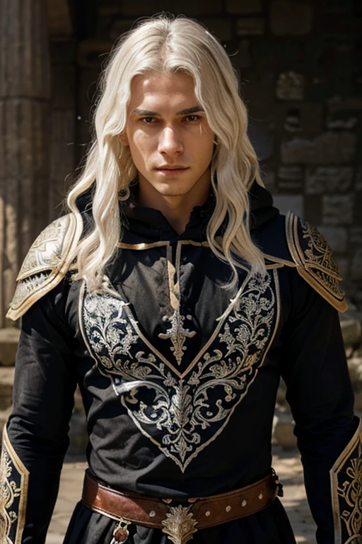 Half body of a young man with long wavy white hair, black armor. The armor is intricately designed with detailed patterns, covering the shoulders and chest.and a hood. He has a calmness, confident expression on his face, with a soft gaze that looks slightly to one side. the background is blurred, suggesting an ancient or mystical setting, possibly ruins or an ancient stone structure.