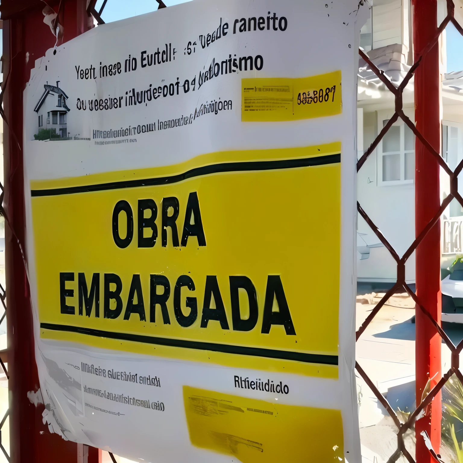 A realistic image of a house with a large 'Interditado' sign hanging on the door. The image should have a red overlay with a subtle warning effect, creating a sense of urgency. The house should be well-lit, with the focus on the sign.