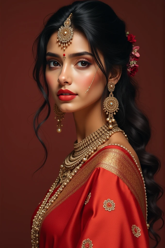 Indian girl, nose pin, earring, eyeliner, pink lips, red saree, beautiful body,