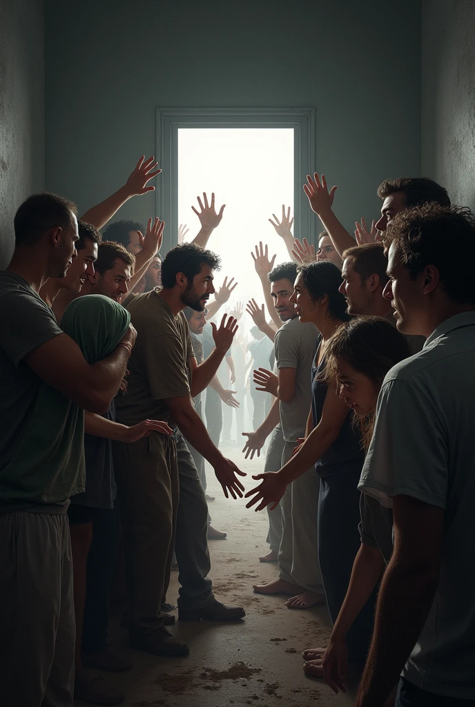 Create a group of desperate men and women looking,touching and calling on a narrow white door that is closed