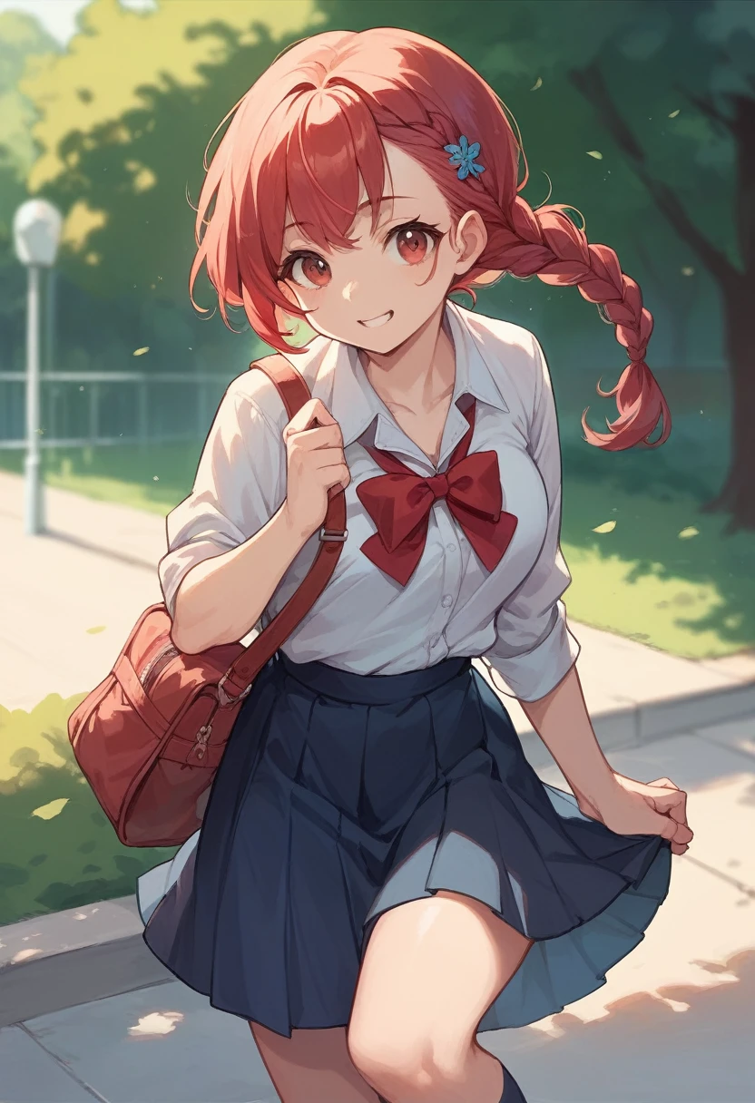 Masterpiece to the smallest detail、top-quality、1girl in、Solo looks 12 years old、150cm petite beautiful girl、small tits、12-year-old baby face、red hairs、Gradient bob in the forward、Pink and violet mesh、red eyes、Red eyes、Tall, big eyes、Outstanding looks、A lovely child、proximity、closed_mouth、a smile、red blush、full of shyness、blue headwear、Hats、pink bowtie、校服、 Blue jacket、jaket、skirt by the、Gray skirt shirt、white  shirt、an legs、Black socks、sitting on、‎Classroom、hair_ornament、looking_at_viewer、beatiful detailed eyes、Akame、panties on、lift up one's skirt、Professional effects、
