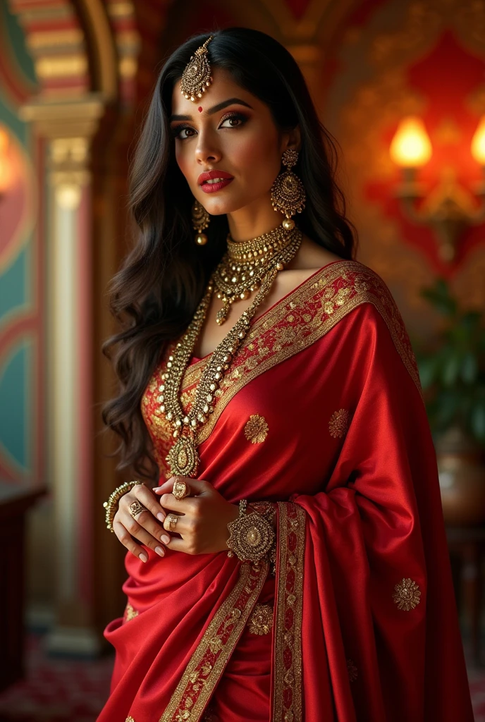 Hot and sexy) look, wearing (traditional saree), adorned with (intricate ornaments), emphasis on vibrant colors, glamorous presentation, expressive pose, playful yet confident atmosphere, luxurious fabric textures, warm lighting creating sultry depth, finely detailed craftsmanship of jewelry, elegant draping style, captivating background with (rich Indian decor), high quality, ultra-detailed, striking visual narrative. Wearing indian saree