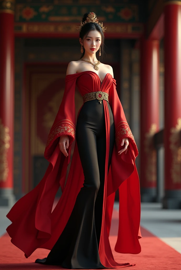 Characterization of the Chinese dynasty with modern clothes in red and black