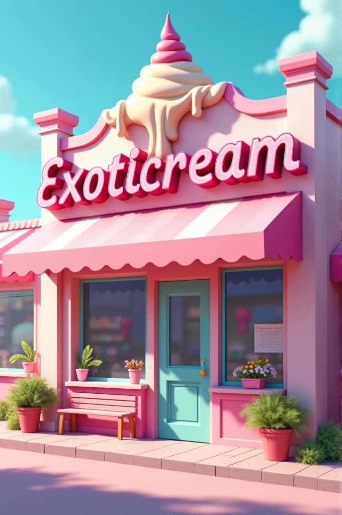 The facade of an ice cream shop called "exoticream" and add a melted ice cream on top of the name, use pastel colors like blue and pink 