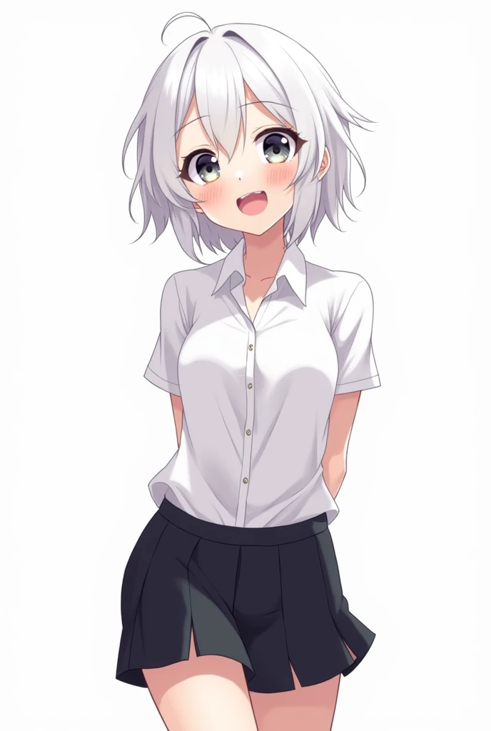 ((masterpiece, best quality)), (1girl), (solo), (female focus), (ahoge, white hair, short hair), black eyes, light smile, open mouth, ((white shirt), (buttoned shirt), (button gap)), ((black skirt), (short skirt)), standing, white background, arms behind back, dynamic angle