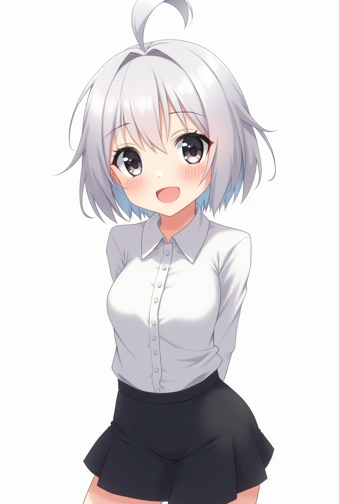 ((masterpiece, best quality)), (1girl), (solo), (female focus), (ahoge, white hair, short hair), black eyes, light smile, open mouth, ((white shirt), (buttoned shirt), (button gap)), ((black skirt), (short skirt)), standing, white background, arms behind back, dynamic angle