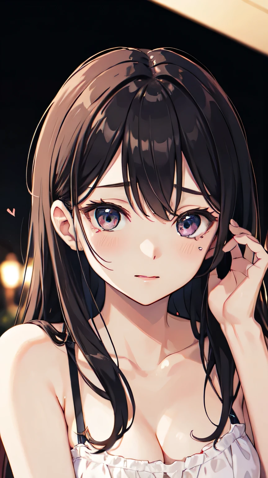 Highest quality,High definition,One beautiful girl,Almond Eye,night,静かなnightに包まれて,I can hear your heart,A gentle breeze caresses my cheeks,It gently dries my tears,Close up of face