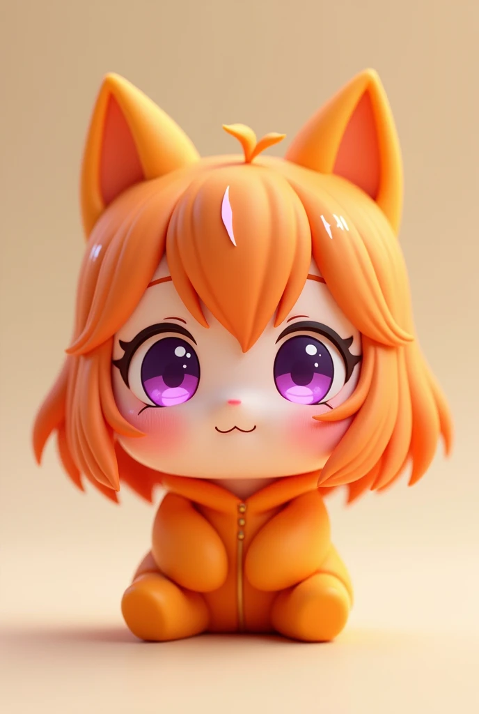 Super cute anime character in a bright orange outfit, bright orange hair, large, sparkling purple eyes, is in a sleepy state