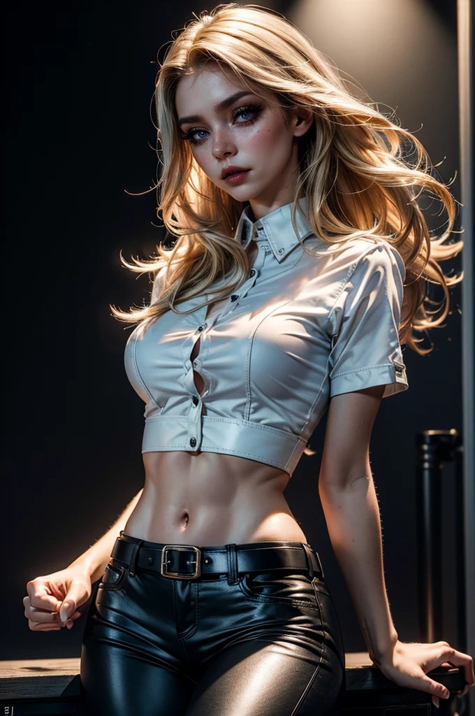 cowboy shot,a pretty 21 year old girl,blond hair,lora_Emma,slim athletic body,tight and stretched white blouse with buttons,button gap,short sleeves,black leather pants,metal belt,empty studio,slightly exposed midriff,(best quality,4k,8k,highres,masterpiece:1.2),ultra-detailed,(realistic,photorealistic,photo-realistic:1.37),dramatic lighting,cinematic,fashion photography,studio lighting,high contrast,vivid colors,beautiful detailed eyes,beautiful detailed lips,extremely detailed eyes and face,long eyelashes, touching hair