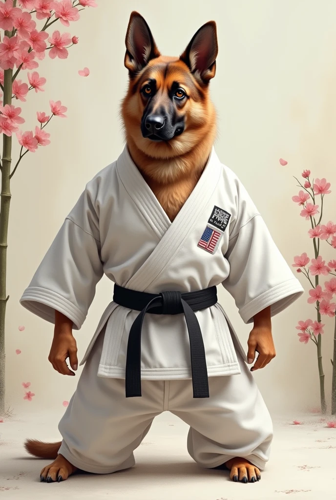 German Shepherd dog with a white kimono, black belt in jiu jitsu