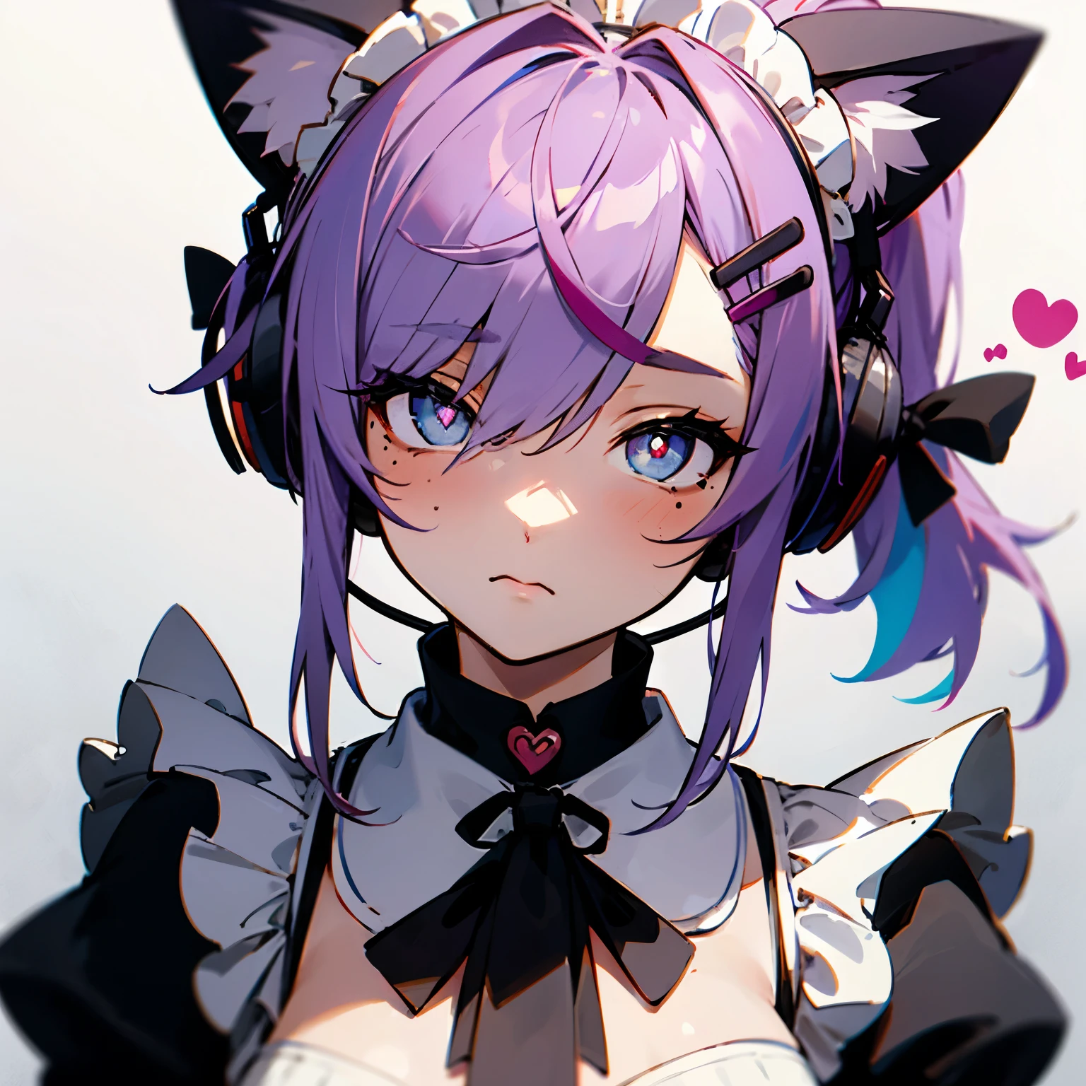 rainbow hair, Ponytail, hairclip, hair ribbon, bow, maid headdress, Goggles, Mole under the eye, heart-shaped pupils, cat ear headphones, bored