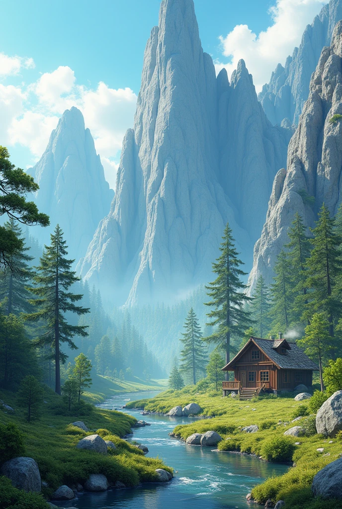 Strange jagged peaks，spring，The vegetation is full of life，There is a stream at the foot of the mountain.，There are reflections in the stream.,country cabin,The smoke from the kitchen rises，The pines have a peculiar shape.，Swinging in the wind,Color palette style，isodistiance view,Colored lead paint,surreal photo,magical dream,pixel perfect,hyper high definition,in a panoramic view,8k resolution,ultra wide angle,distant view,Chinese paintings,realist,post impressionist