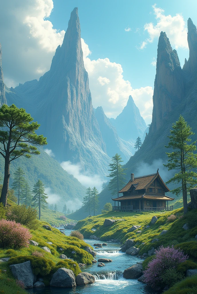 Strange jagged peaks，spring，The vegetation is full of life，There is a stream at the foot of the mountain.，There are reflections in the stream.,country cabin,The smoke from the kitchen rises，The pines have a peculiar shape.，Swinging in the wind,Color palette style，isodistiance view,Colored lead paint,surreal photo,magical dream,pixel perfect,hyper high definition,in a panoramic view,8k resolution,ultra wide angle,distant view,Chinese paintings,realist,post impressionist