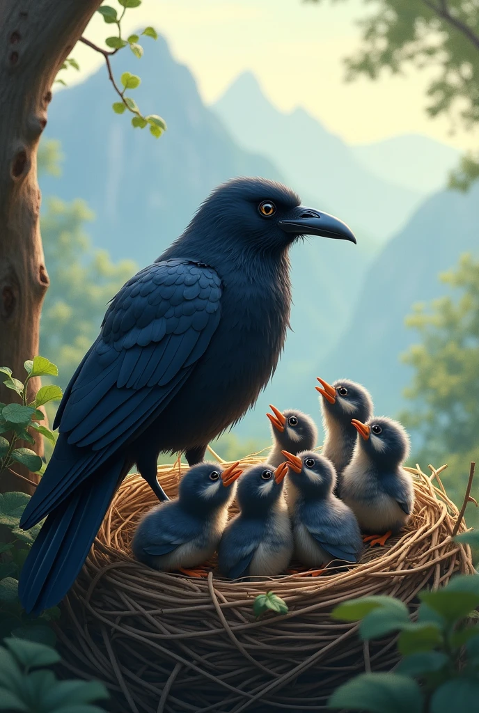 Why does the crow cry? The crow has seven cute chicks in the mountain.
Cute, cute, the crow cries. Cute, cute, it cries.
Go and see the old nest in the mountain. It's a good child with round eyes.