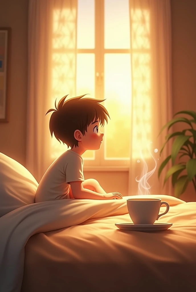Hot steam is coming out of the tea cup on the table, a boy is getting up from sleep in the room, the warmth of the morning sun is coming in from the open window of the room,