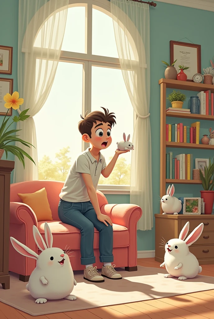 An easy drawing to replicate of a young man who just vomited a small rabbit in a beautiful apartment while other rabbits are jumping around the apartment but the apartment remains organized 

