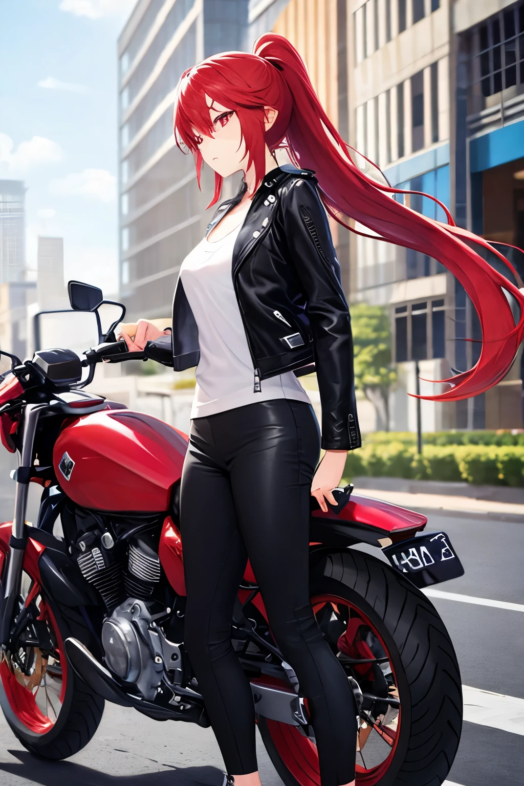 (masterpiece), best quality, BREAK, expressive eyes, (perfect face), 1girl, BREAK,( very long hair, red hair, ponytail), BREAK, (red eyes, agressive eyes, detailed eyes), BREAK, (sad expression), BREAK, (very tall height), (skinny build), BREAK, (leather motocycle jacket), BREAK, (black pants), BREAK, (sneakers), BREAK, (downtown), BREAK, (standing), (sideview)
