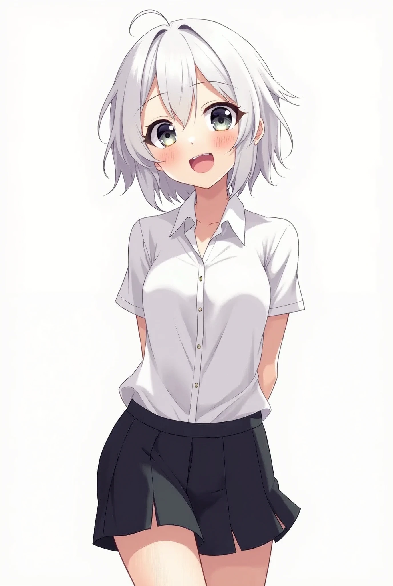 ((masterpiece, best quality)), (1girl), (solo), (female focus), (ahoge, white hair, short hair), black eyes, light smile, open mouth, ((white shirt), (buttoned shirt), (button gap)), ((black skirt), (short skirt)), standing, white background, arms behind back, dynamic angle