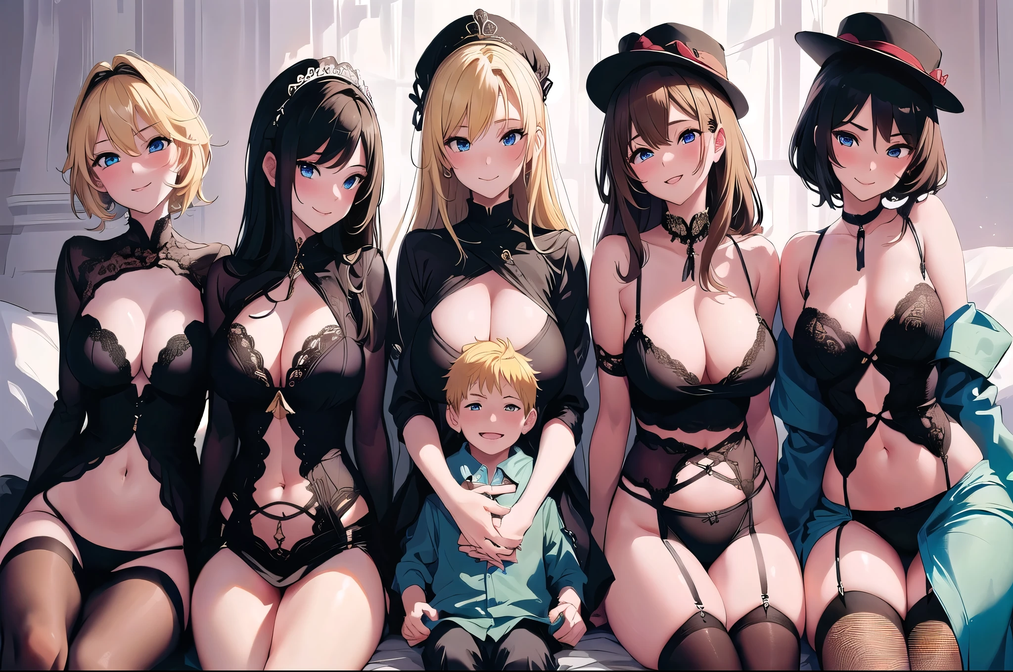 five sexy women looking down at boy with blonde hair, seductive smiles, portrait, various hair