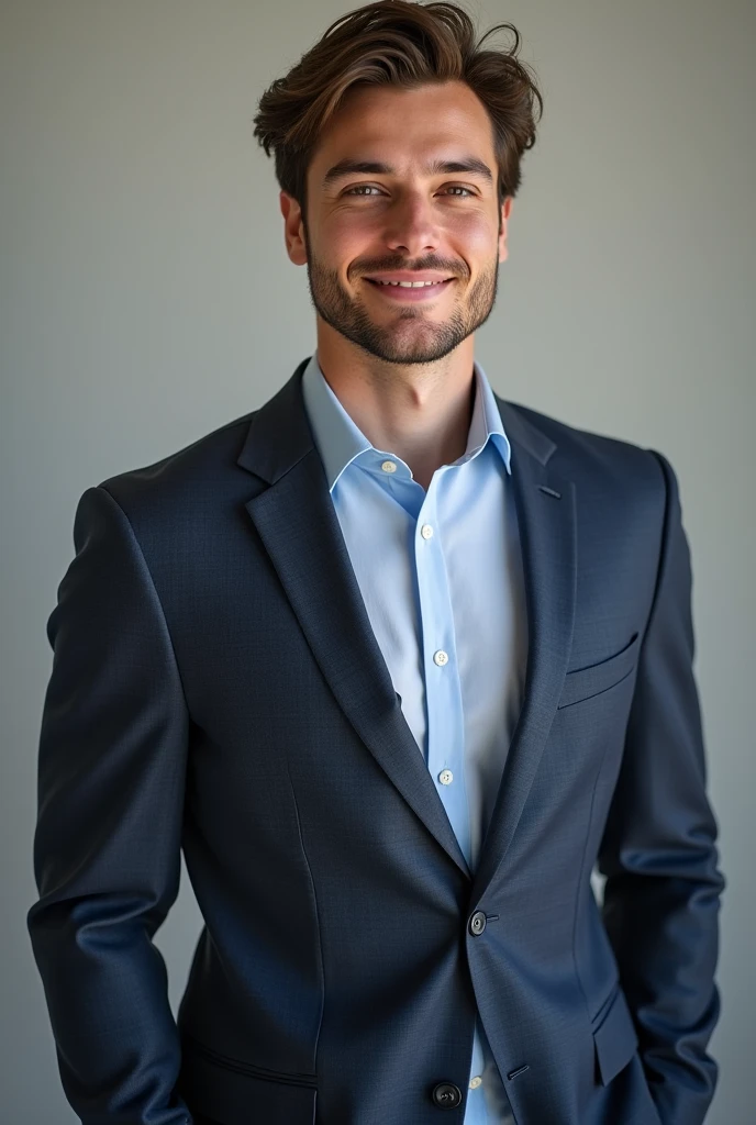A young american man, well dressed, little smile on face, looking in camera