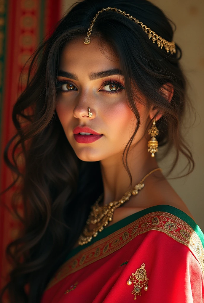 Indian girl, nose pin, earring, eyeliner, pink lips, red & green saree, beautiful body,