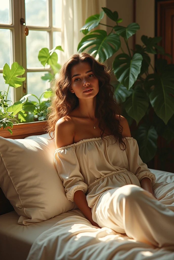 (photorealism:1.2), beautiful woman, sitting on bed, wearing loose off-shoulder top, pajama pants, long curly hair, indoors, soft lighting, plants in background, window with sunlight, cozy room, relaxed pose, realistic, intricate details, warm colors, by Greg Rutkowski, by Alphonse Mucha