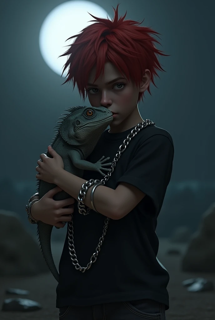A boy in a black t-shirt and chains with red hair, hugging his little iguana under the moon 