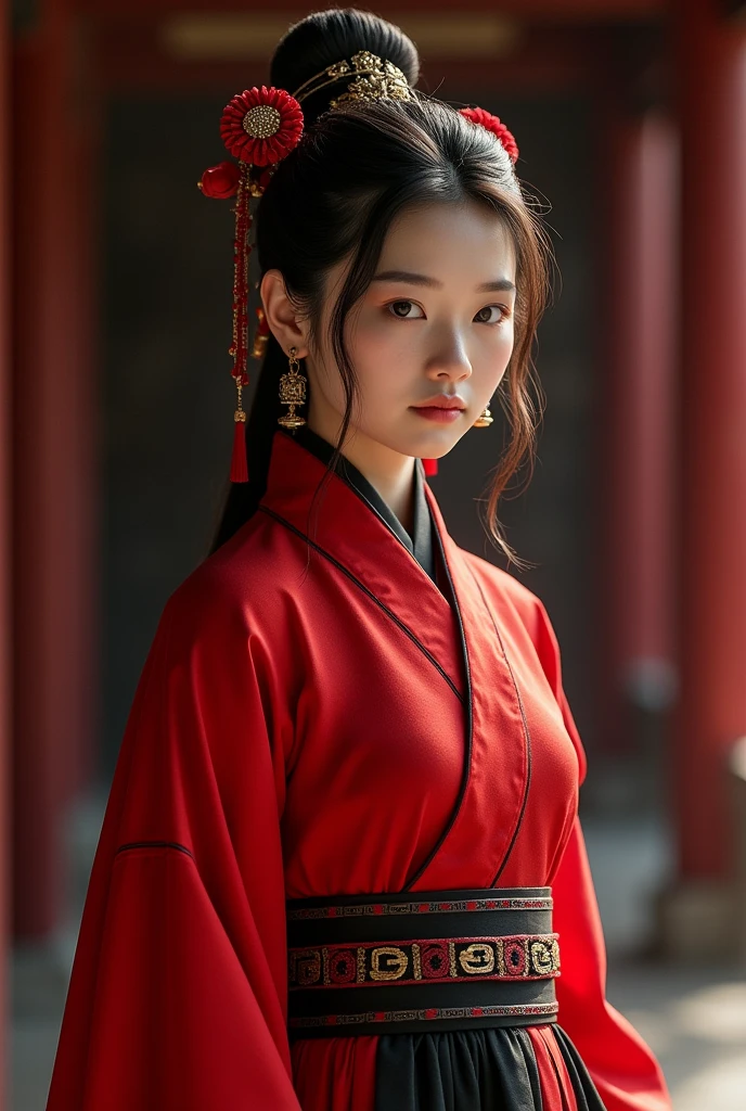 Characterization of the Chinese dynasty with simple modern clothing and red and black colors. 