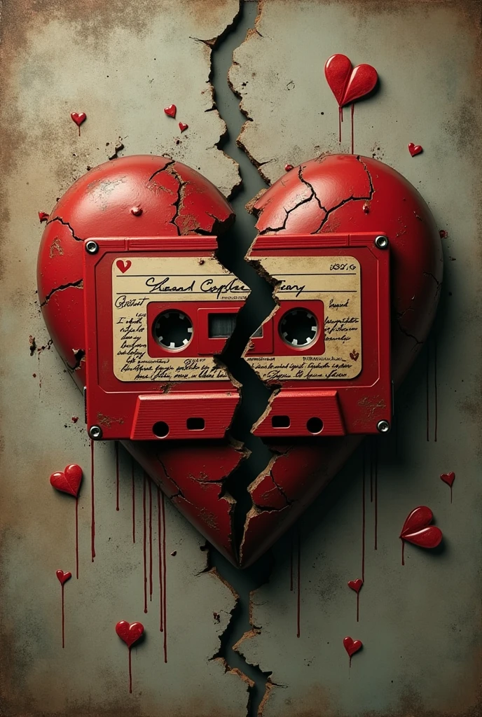 create a broken heart in the shape of a cassette, vintage retro 

