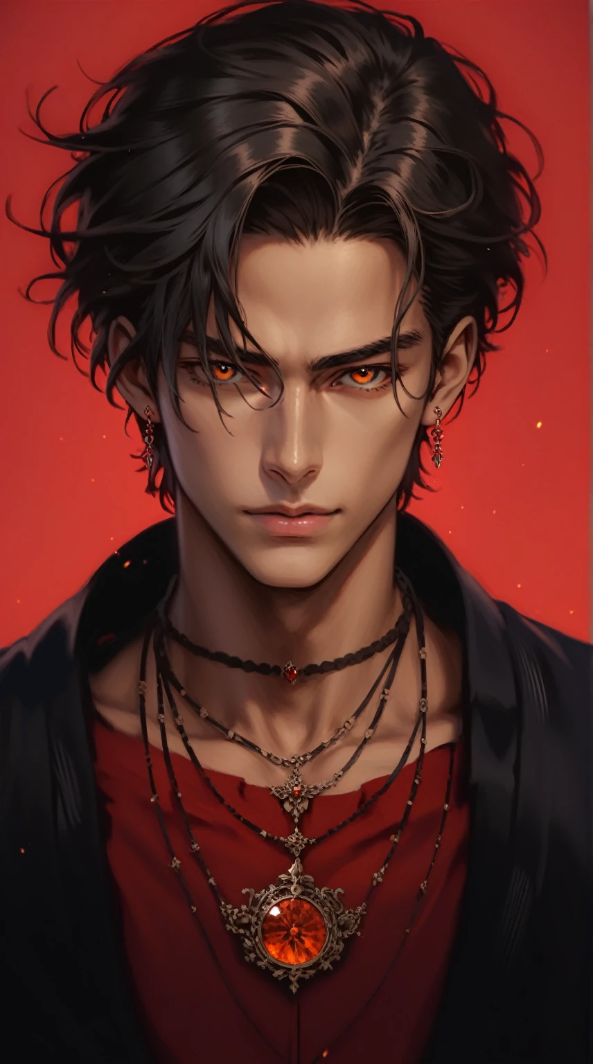 absurdities, High resolution, ultra detailed, HdR, masterpiece, realism, realist, 30 year old adult man, rasgos muy masculines, serious, Extremely detailed face and eyes, short straight hair, black hair, bushy eyebrows, fringe, fringe que cubre la frente, arrogant look, expressive orange eyes, rasgos masculines, detailed eyes, LOOKING AT THE SPECTATOR, 1 man, Victorian style clothing, Red clothes, White skin, arched eyebrows, masculine, Red clothes con abrigo de piel, Fire Background, red earrings, Red Jewelry, Wizard's Medallion, tidy hair, Complete plan, beefy chest, realism magico, masculine, men's clothing, vibrant colors, Fotorrealist, 8k, Best Quality, High resolution, cinematic lighting, intricate details, Fire Background, Sherlock Holmes and Mongolian style, ultra detailed, 8k, realist.
