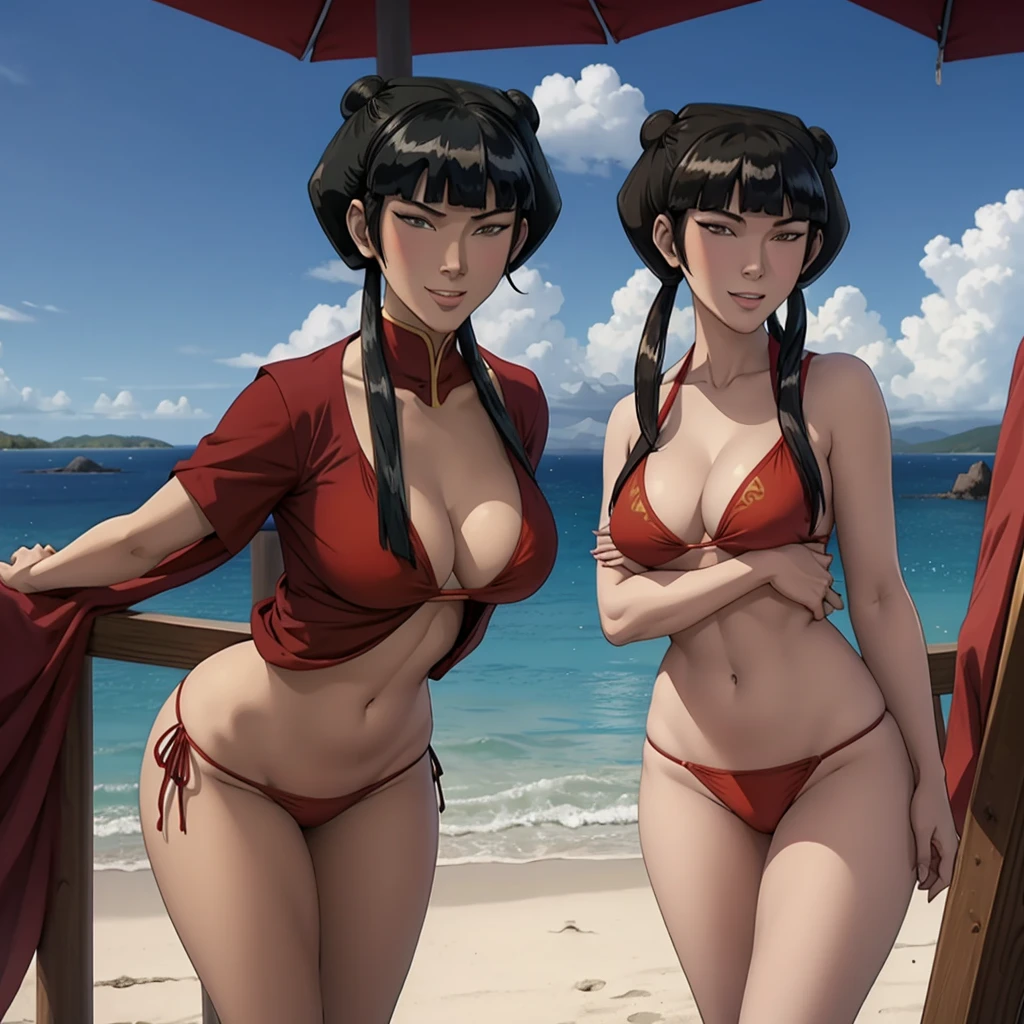 masterpiece, best quality, mai from avatar the last airbender,red bikini, cleavage, breasts,smile, long hair, blunt bangs, hair bun, twintails, double bun, sidelocks, looking at viewer, sexy pose, blue sky, beach background,