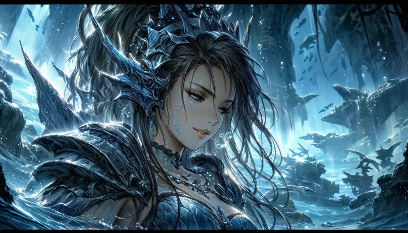 drawing by Luis Royo, dark low lit head and shoulders shot of a beautiful New Zealander woman smiling, detailed face, stunning beauty, detailed skin, skin texture, skin pores, (freckles:0.4), (focus on character:1.1), portrait, looking down, (high fantasy medieval theme:1.1),  mystical atlantean, aquatic guardian, gills, fins, scale pattern, breathing underwater, stoic, wearing aquatic armor,  pearl jewelry, aquatic tattoos,  water manipulation,   oceanic depths, underwater, realm enveloped in tidal currents, mythical aura,   sunken ship wreckage, advanced technology,  ocean floor in background,  surrounded by (seahorses:0.8), translucence, dynamic shadows, cinematic atmosphere,. high quality, highly detailed, 4k, 8k, sketch 