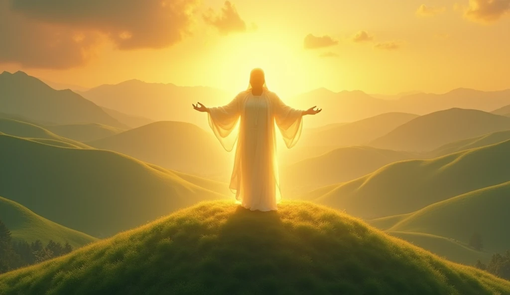 A person standing on a hilltop with outstretched arms, radiating light that reaches out to others below. The landscape is bathed in golden sunlight, symbolizing inspiration and guidance. -ar 16:9