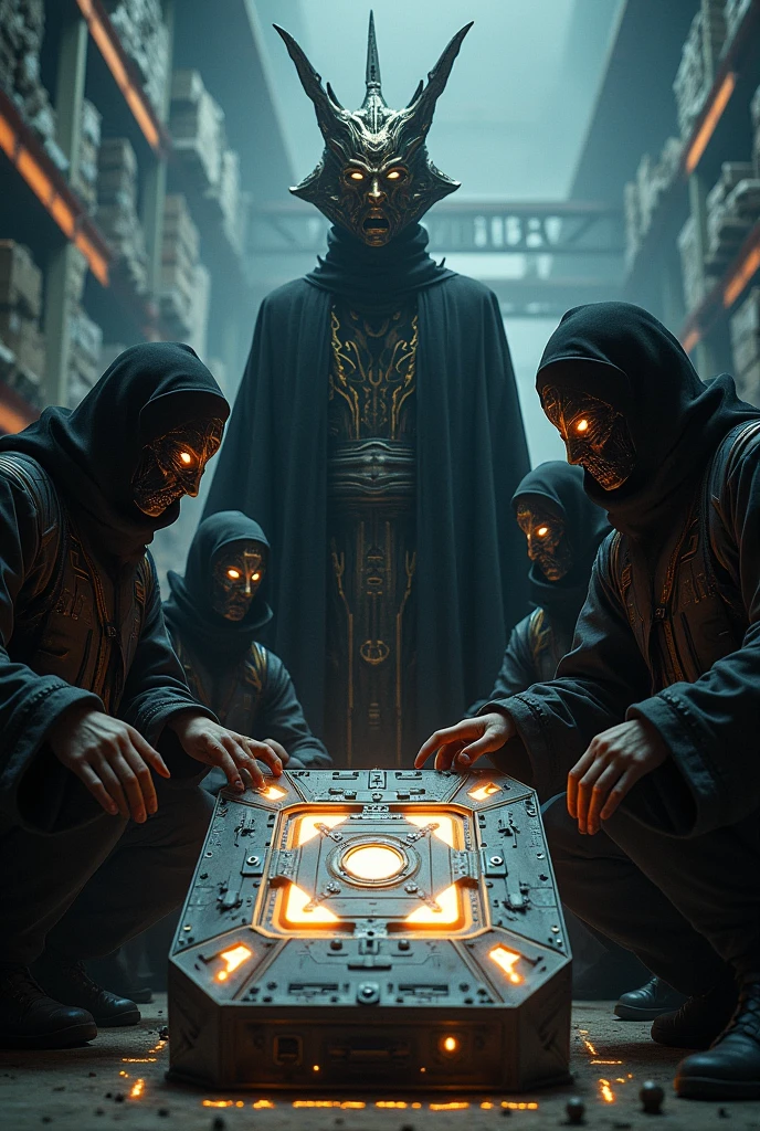 Create an image of the lord of destiny with masked figures in a futuristic military warehouse looking at an advanced box, close-up photo.