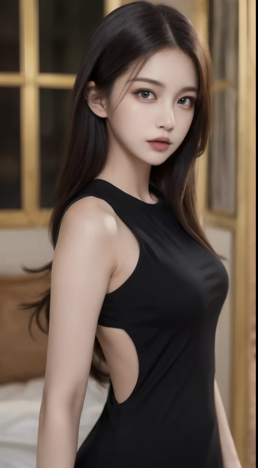 malaysian look alike feature, ((ultra realistic) girl standing wearing a black dress, 8k, 4K, UHD, masterpiece, anatomically correct, high details, high quality, best quality, highres, dashed eyes, wide eyes, aqua eyes