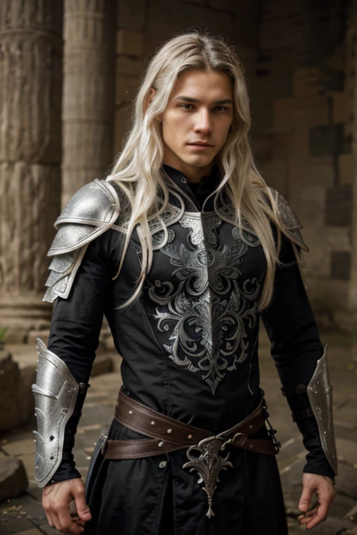 Half body of a young man with long wavy white hair, black armor. The armor is intricately designed with detailed patterns, covering the shoulders and chest.and a hood. He has a calmness, confident expression on his face, with a soft gaze that looks slightly to one side. the background is blurred, suggesting an ancient or mystical setting, possibly ruins or an ancient stone structure.