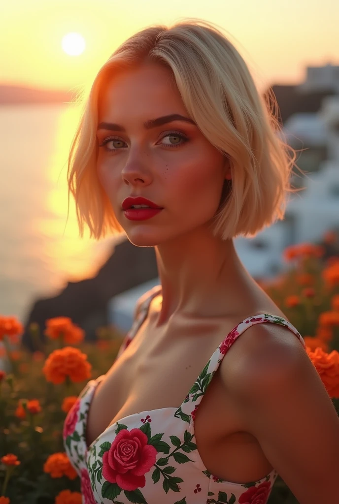 western, flower_dress, hot girl, santorini, greece, looking at sunset, makeup, (masterpiece), best quality, high resolution, extremely detailed, blurred background, depth of field, cinematic lighting. Russian women big pumped lips red lipstick super big fake lips bob cut hairstyle blonde hair big green eyes forehead is slightly arched, giving my face a distinctive shape. It flows seamlessly into my high, defined eyebrows. The bridge of my nose is straight and symmetrical, leading up to a pointed tip. My nostrils are small and delicate, adding character without being overwhelming. My cheekbones are prominent, highlighting my large, round eyes even further. My jawline is strong and defined, giving my face a masculine edge despite its feminine features. My neck is long and graceful, flowing effortlessly into my shoulders. flower garden , big fake lips big size lip big pumped lips red lipstick cleavage sweat in forhead

