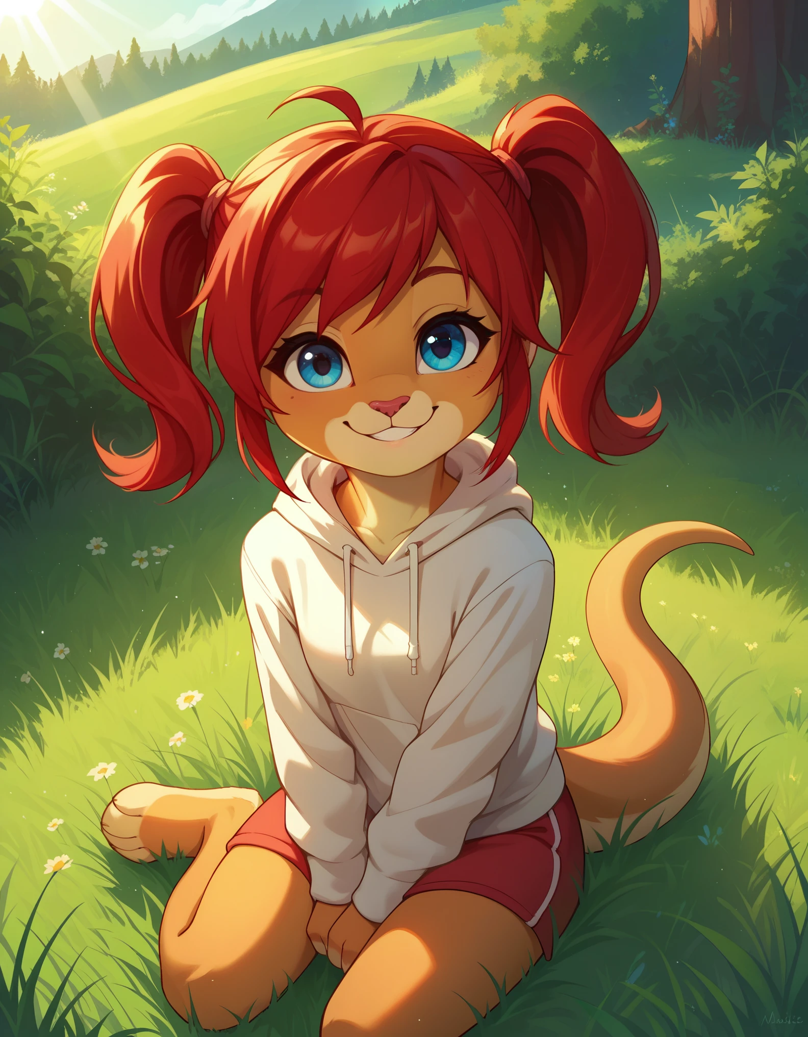 score_9, score_8_up, score_7, rating_ safe, source_furry, furry, camille_w, solo, red hair, twintails, blue eyes, hoodie, (kangaroo tail:0.7), sitting, outdoors, grass, looking at viewer, smile, cute, sunlight, natural lighting, 