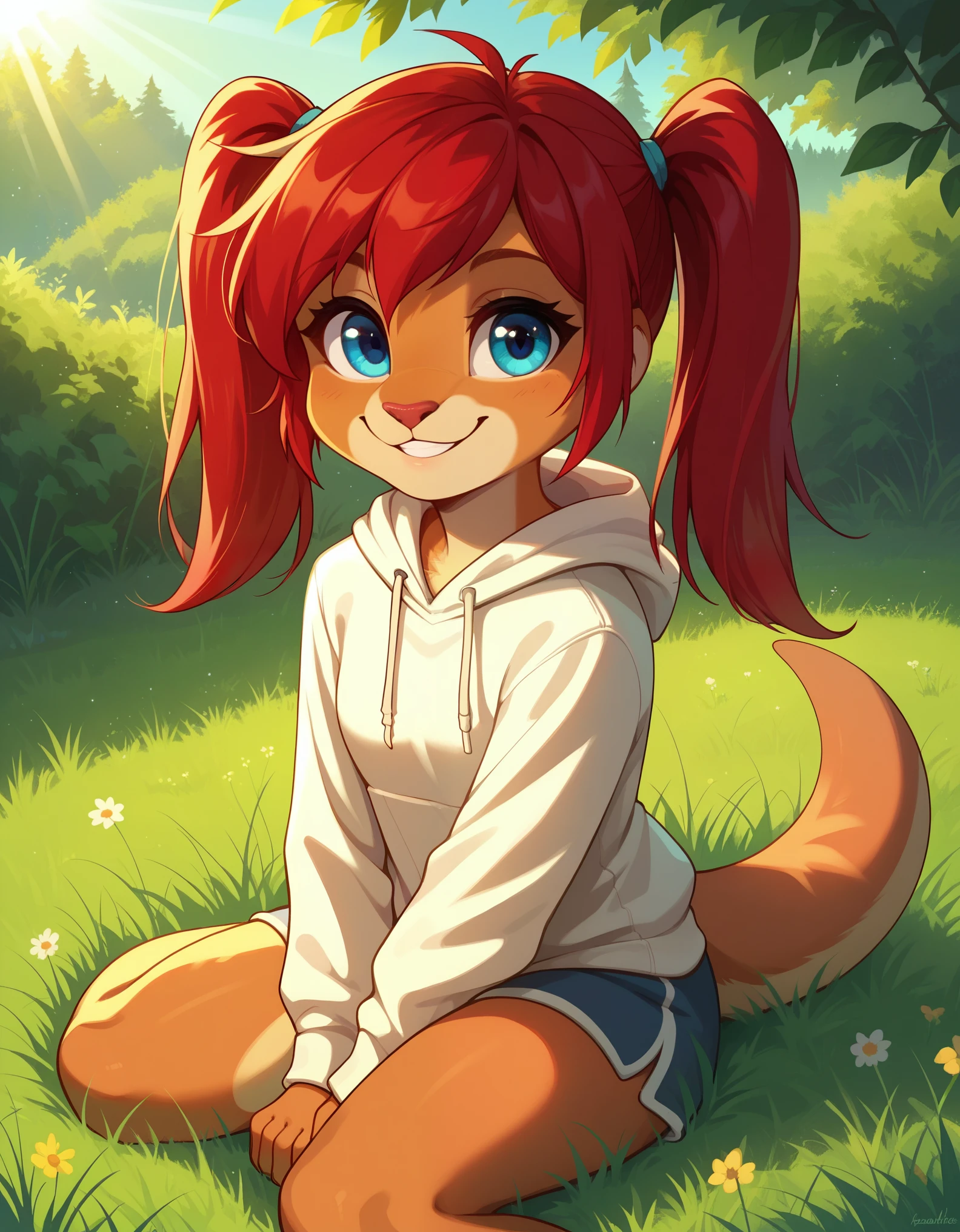 score_9, score_8_up, score_7, rating_ safe, source_furry, furry, camille_w, solo, red hair, twintails, blue eyes, hoodie, (kangaroo tail:0.7), sitting, outdoors, grass, looking at viewer, smile, cute, sunlight, natural lighting, 