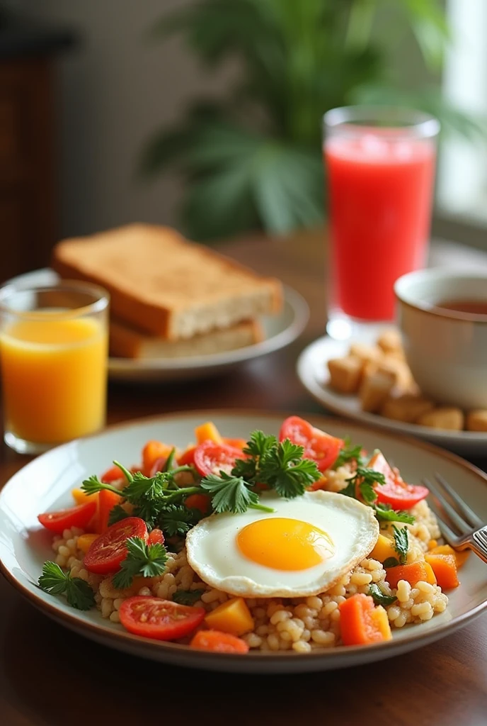 Starter  Orange juice.   Main dishes    porched egg on vegetables.       Accompaniments. Tom brown with toasted wheat bread. Wash down with tea. Snacks fish sandwich with watermelon drink