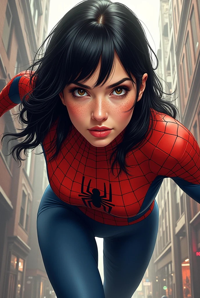 A realistic comic book style image of the Marvel Universe. a woman of , white skin and freckles on the face. Hair must be black, with bangs and shoulder length, Replicated. Brown eyes not so big and wearing the Spiderman suit. full mouth.