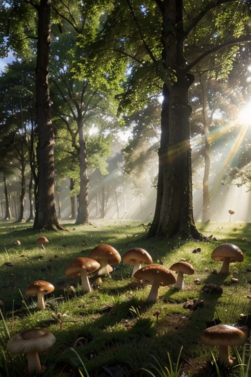 mushrooms on wet grass meadow, Sunlight passes through the leaves and trunks of trees generating rainbows over the dew drops