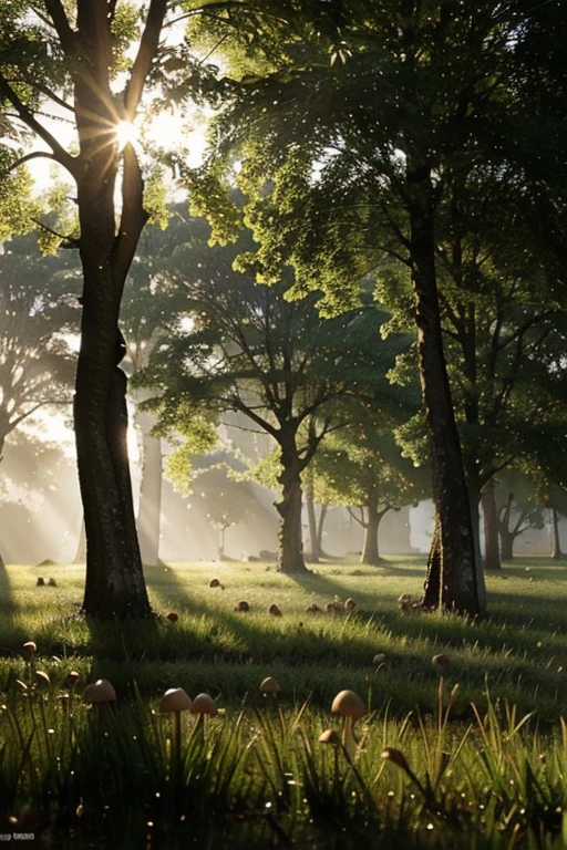 mushrooms on wet grass meadow, Sunlight passes through the leaves and trunks of trees generating rainbows over the dew drops