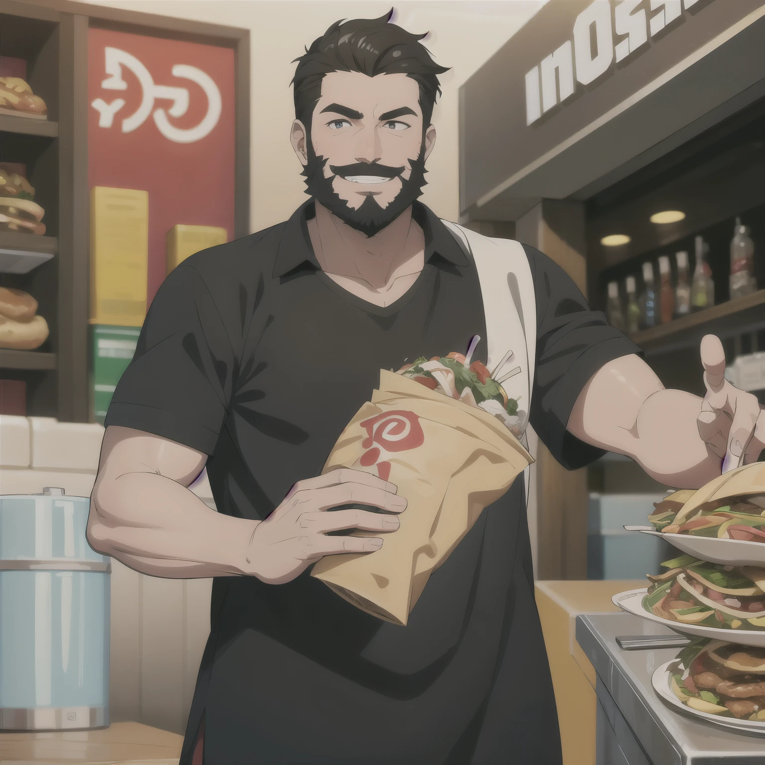 shawarma worker, male, caucasian, black hair, smiling, black beard, staring to the camera