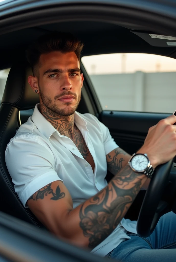 A 23 year old man handsome attractive seductive expression, athletic, tattooed, inside a sports car, sitting in the passenger seat, with a silver watch shirt brown hair, strong arms, neck tattoo,